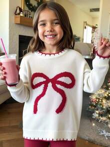 SHEIN Tween Girls' Casual Loose Fit Bowknot Pattern Round Neck Drop Shoulder Long Sleeve Sweater, Autumn/Winter - Multicolor - View 5