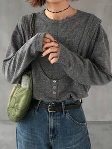 FRIFUL Women's Round Neck T-Shirt Vest, Tie-Dye Fabric Design Loose Casual Street Wear T-Shirt - Grey - View 1