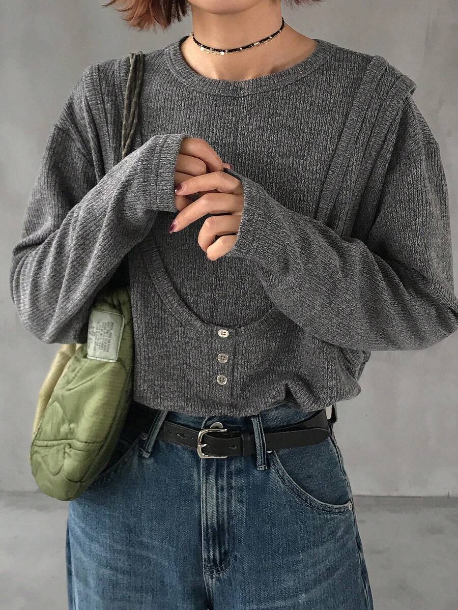 FRIFUL Women's Round Neck T-Shirt Vest, Tie-Dye Fabric Design Loose Casual Street Wear T-Shirt - Grey - View 1