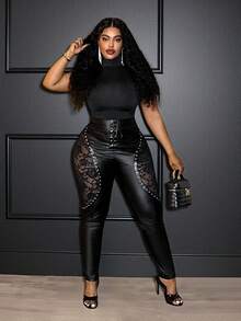 Slaydiva 新款秋冬休闲街头性感Y2K辣妹风日常约会生日派对蕾丝拼接PU铆钉装饰前中假门襟和孔眼装饰黑色PU长裤 - 黑色 - 查看 8
