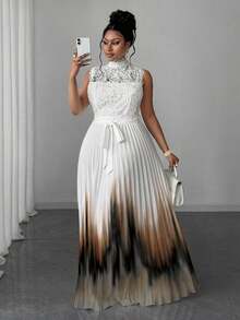 Maweii Đầm ren xếp ly cổ cao không tay phối ren tương phản ombre thanh lịch cho nữ cỡ lớn - Nhiều màu - Xem 1