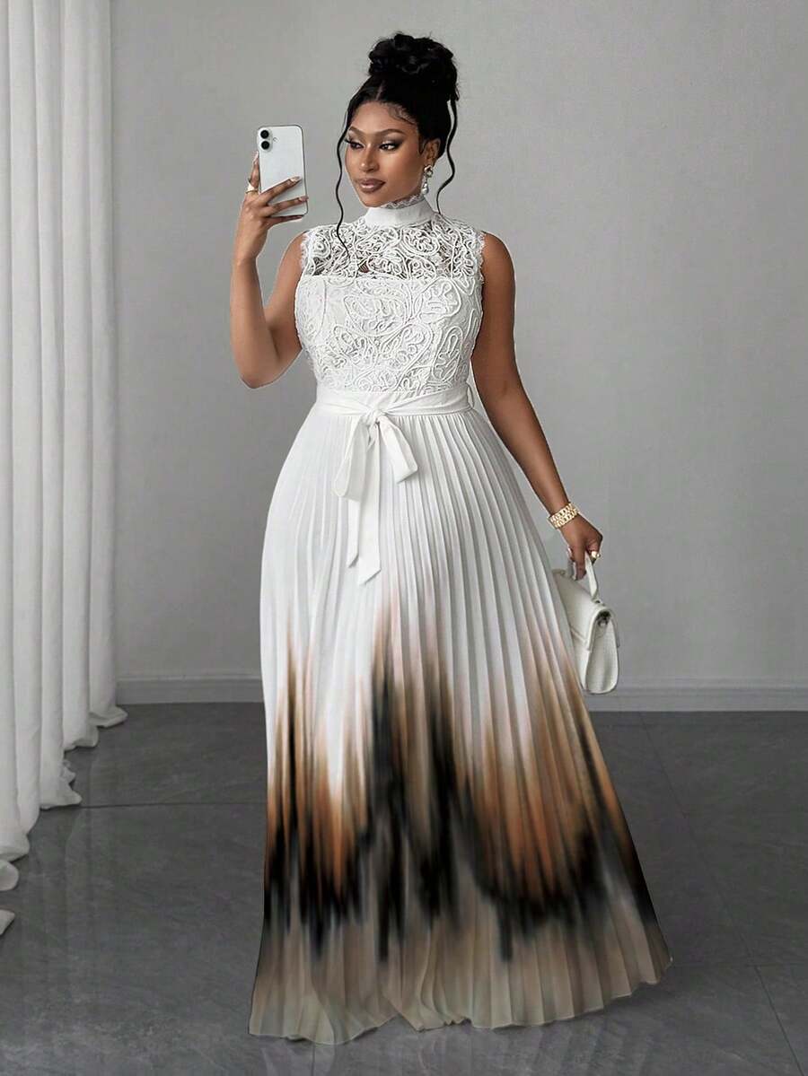 Maweii Đầm ren xếp ly cổ cao không tay phối ren tương phản ombre thanh lịch cho nữ cỡ lớn - Nhiều màu - Xem 1