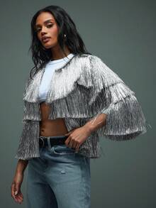 Hauture Chaqueta larga con mangas y flecos brillantes de plata para salir de noche y fiestas de mujeres - Plateado - Ver 4