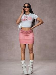 SHEIN Essnce 女士口袋装饰休闲百搭牛仔迷你裙 - 粉色 - 查看 7