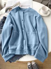 Resyla Damen Einfarbige Lange Ärmel Einreihige Lässig Jacke mit Doppeltasche