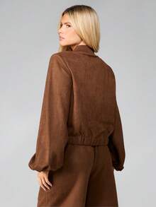 MISSGUIDED Cropped Suede Zip Up Jacket With Elastic Waistband Fall Winter Outerwear - Brown - View 2