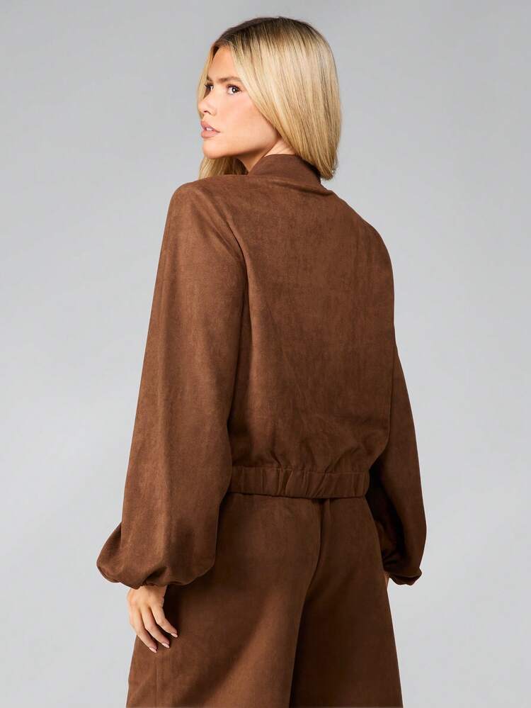 MISSGUIDED Cropped Suede Zip Up Jacket With Elastic Waistband Fall Winter Outerwear