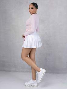 Melissa Matos 1 pieza Blusa casual de mujer de manga larga, ajustada, de unicolor con nudo delantero - Rosa - Ver 4