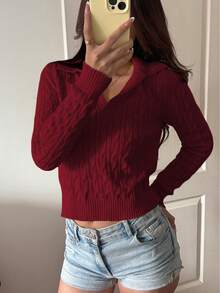 SHEIN Unity Suéter de punto casual con cordón y manga larga para mujer, color amarillo claro, otoño/invierno - Rojo - Ver 5