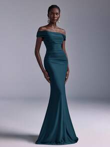 Elitara 优雅褶皱露肩鱼尾连衣裙，适合婚礼、派对、度假、舞会、伴娘等场合（成人款） - 水鴨藍 - 查看 5