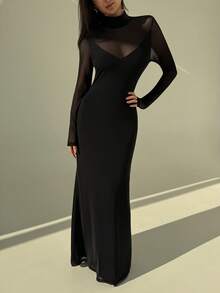 Aloruh 黑色性感网纱高领长袖修身连衣裙（女款） - 黑色 - 查看 9