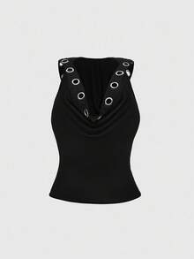 ROMWE Grunge Punk Y2K朋克风金属孔眼装饰短款连帽吊带背心，深V领口 - 黑色 - 查看 6