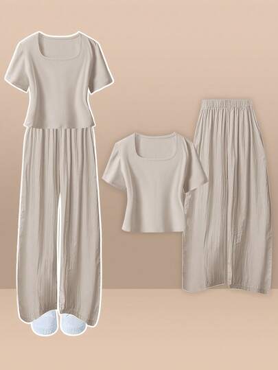 SHEIN LUNE Plus Size Spring/Summer Solid Color Round Neck Short Sleeve Casual T-Shirt & Wide Leg Drawstring Pants 2 Pieces Set, Versatile Suitable For Daily Wear And Vacation