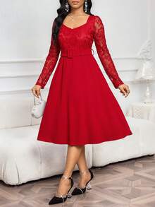 SHEIN Lady 女士撞色蕾丝心形领长袖优雅连衣裙 - 紅色 - 查看 3