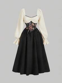 SHEIN MOD 复古宫廷风长袖修身连衣裙，假日女装，连衣裙，冬季女装 - 黑色 - 查看 1