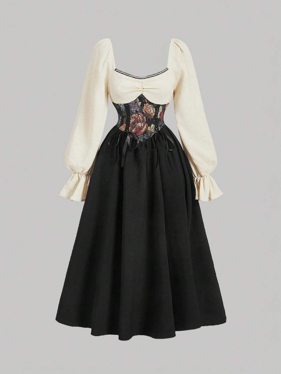 SHEIN MOD 复古宫廷风长袖修身连衣裙，假日女装，连衣裙，冬季女装 - 黑色 - 查看 1