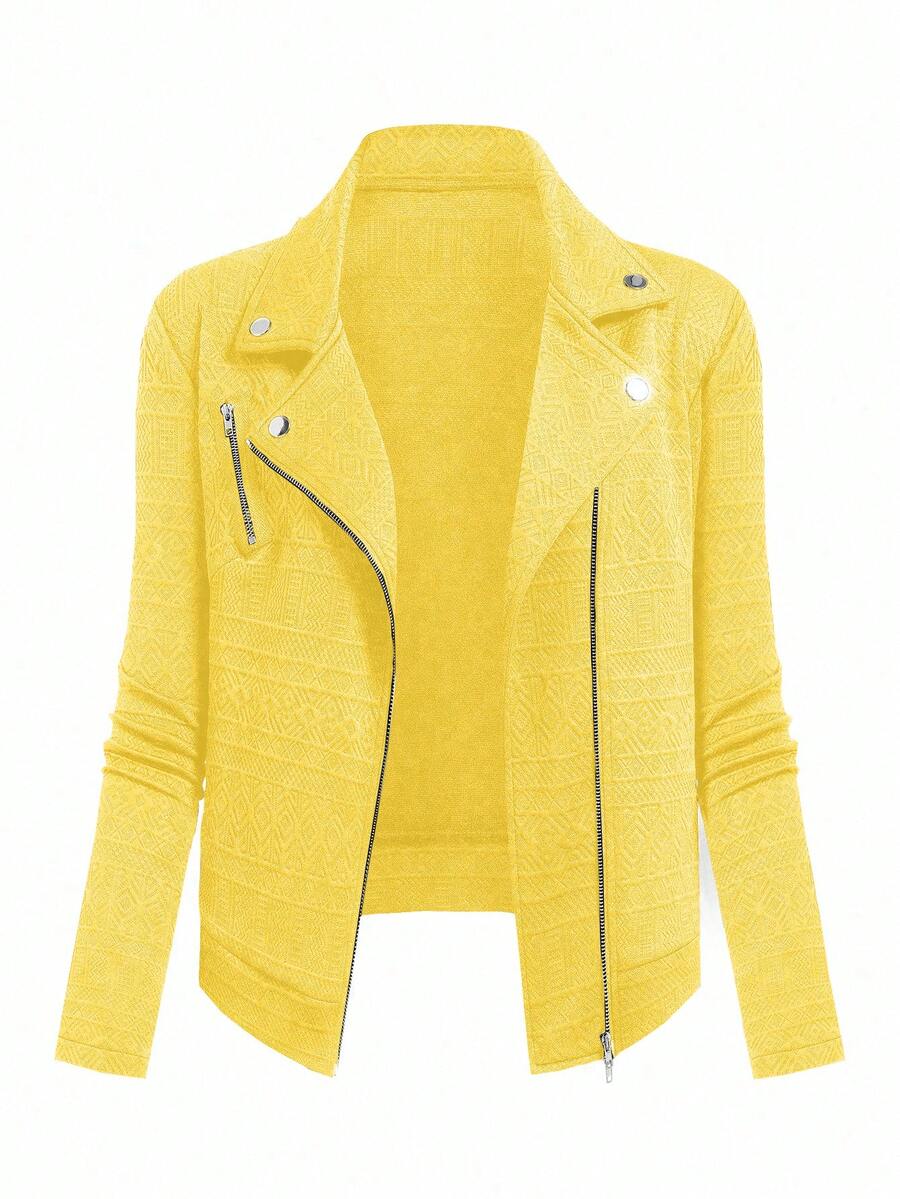 GlowEve Textured Fabric Zip-Up Casual Motorcycle Jacket With Lapel Collar - Yellow - View 1