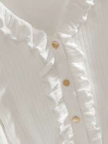 Franclia White V-Neck Frill Trim Knit Top, Versatile Elegant Slimming Casual T-Shirt For Spring/Autumn, Sweet Style - White - View 5