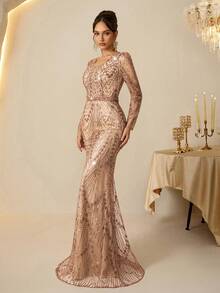 Coutiva Elegant Gorgeous Sequin Embroidery Long Sleeve Champagne Faux Pearl Rhinestone Design Autumn And Winter Dress Design Daily Wear, Party Dress, Dinner Dress, Wedding Guest Dress Luxury Evening Gown, Sequin And Pearl Cuff Design, Elegant Party Dress For Ladies, Long Sleeve Formal Dress, For Wedding Guest, Graduation, Valentine's Day - Champagne - View 7