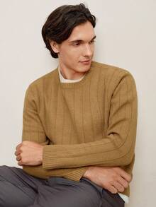 RONVEXI 男士休闲圆领长袖毛衣，秋冬季 - 駝色 - 查看 6