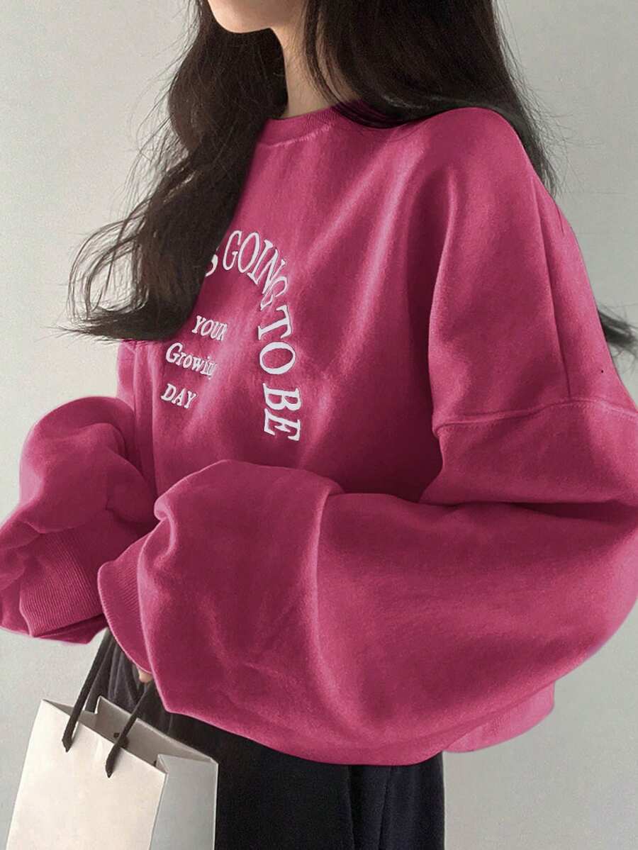 DAZY 女士宽松字母图案圆领落肩长袖休闲套头卫衣 - 粉色 - 查看 1