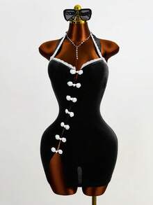 Mistrie 女士新款性感无袖露背吊带旗袍，露背设计，性感夜店风，无袖，露背，开衩，短裙，高腰，凸显腰部曲线，紧身连衣裙 - 黑色 - 查看 3