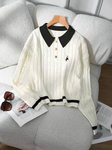 Franclia 撞色边简约长袖马匹刺绣Polo领针织毛衣 - 黑與白 - 查看 6