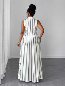 SHEIN PETITE CURVE 大码女式休闲条纹针织扭结设计连衣裙 - 白色 - 查看 2