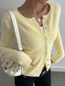 DAZY 女士圆领度假风长袖休闲针织开衫 Y2k - 黃色 - 查看 3
