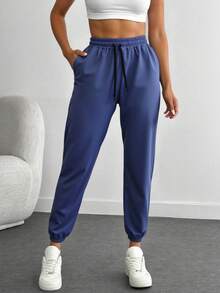 EURMUSE Women Solid Color Drawstring Detailed Wide Leg Pants - Dark Grey - View 1