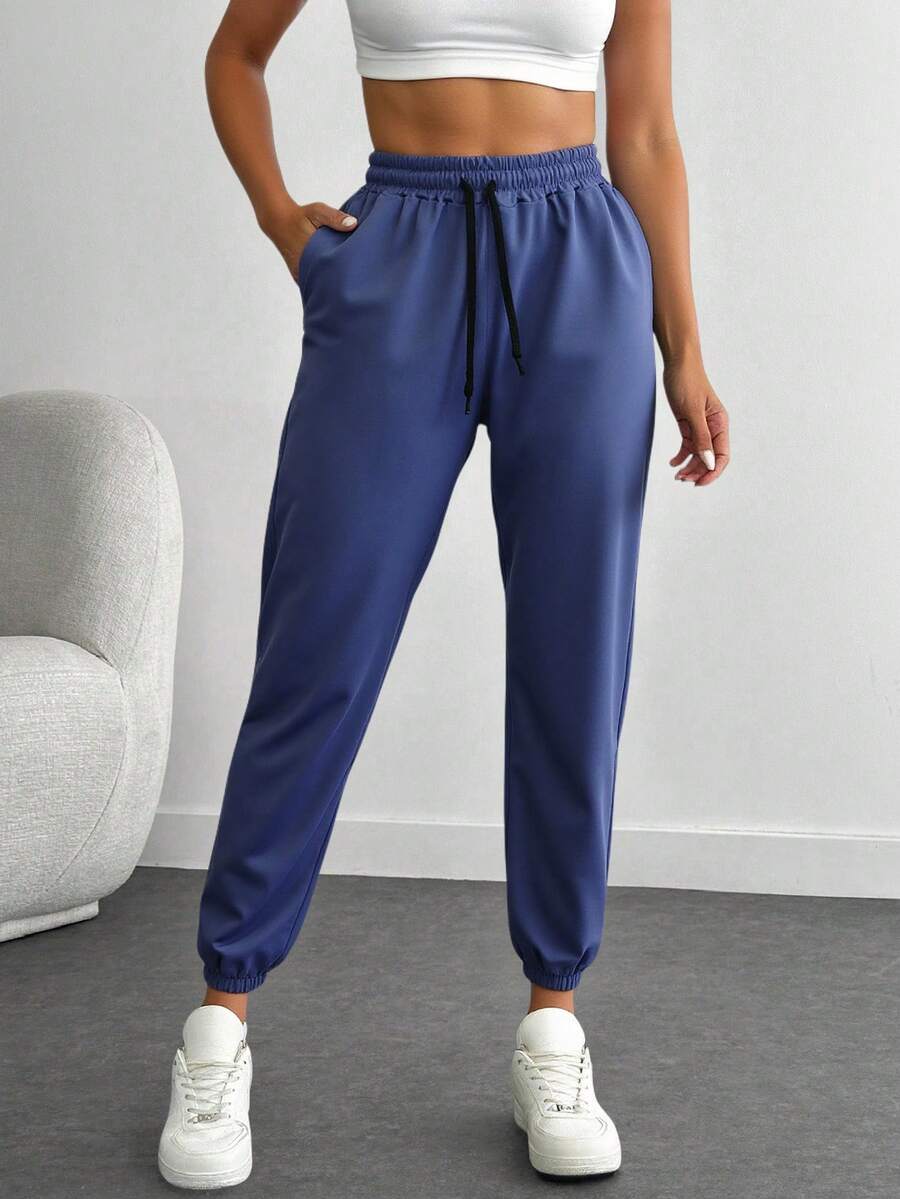 EURMUSE Women Solid Color Drawstring Detailed Wide Leg Pants - Dark Grey - View 1