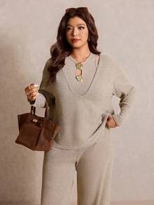Elaquor 3pcs Plus Size Solid Color Sleeveless Top And Long Pants Set - Khaki - View 4