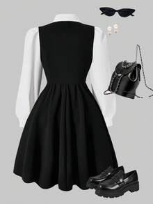 SHEIN 优雅休闲学院风珍珠领连衣裙，适合青少年女孩，可用于通勤、上学、郊游和聚会，可搭配外套、夹克和风衣。 - 黑色 - 查看 2