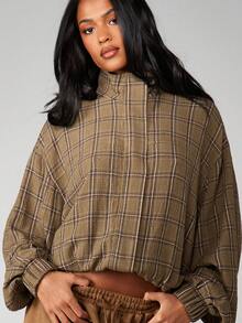 MISSGUIDED Plaid Funnel Neck Zip Cropped Jacket For Fall Winter Casual Outerwear - Multicolor - View 3
