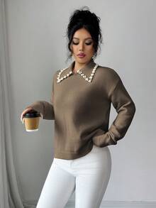 SHEIN Elenzya Aniusta 女士秋冬休闲上衣，适合度假、独立日、劳动节、哥伦布日、感恩节、情人节、复古风、斯德哥尔摩风、图卢姆风、韩版风、优雅百搭、学生装、教师装、哥特风、办公室装、商务休闲装、返校季等场合，黑色针织衫，领口饰有装饰。 - 卡其色 - 查看 4