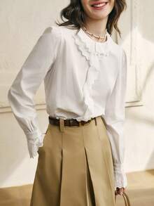 INAWLY Women's White Lace Trim Puff Sleeve Elegant Blouse - White - View 7