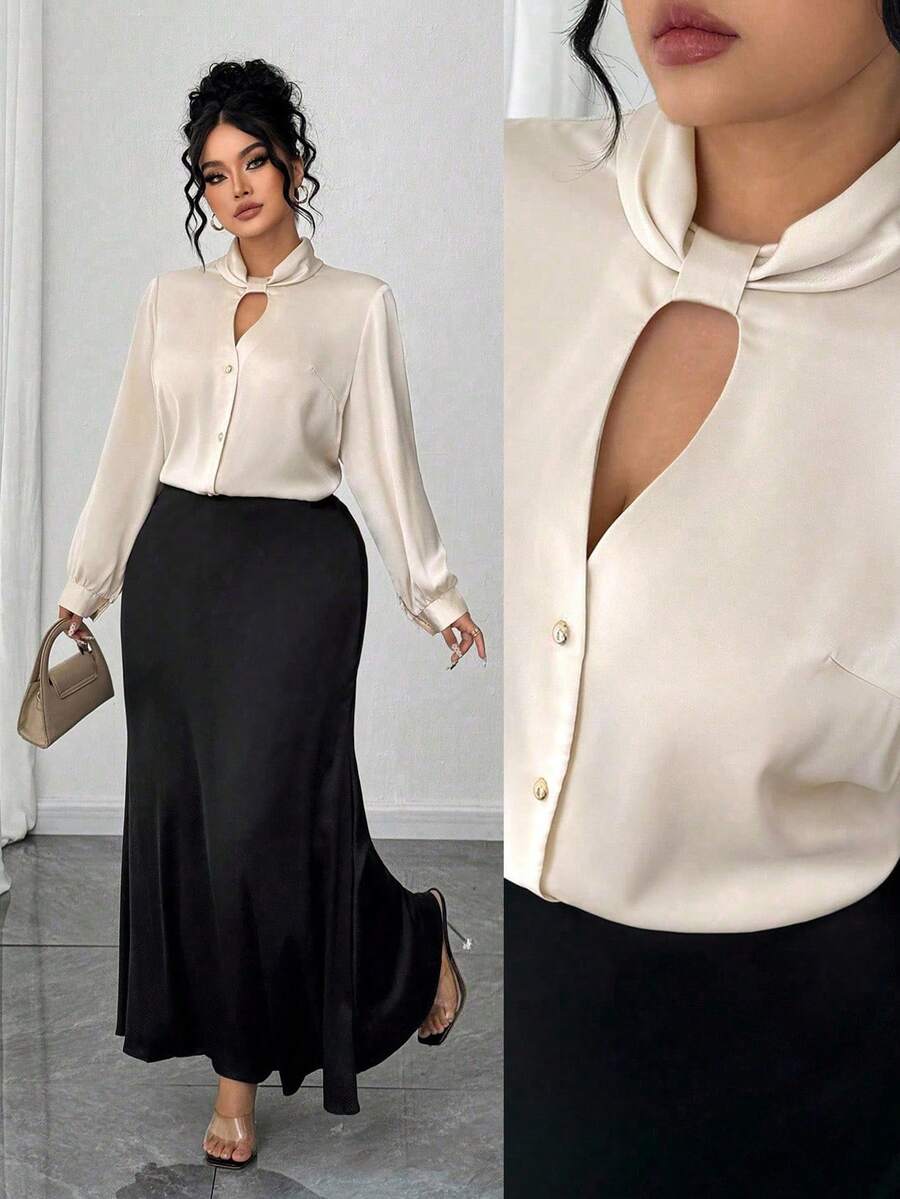 Elenzga Plus Size Satin Twist Collar V-Neck Hollow Out Long Sleeve Straight Blouse, Elegant For Work, Casual Outing, Date, Party - Apricot - View 1
