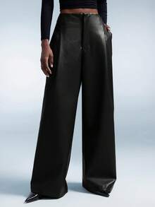 Aveloria Affinna 女士PU材质复古美式设计收腰宽松休闲直筒裤 - 黑色 - 查看 5