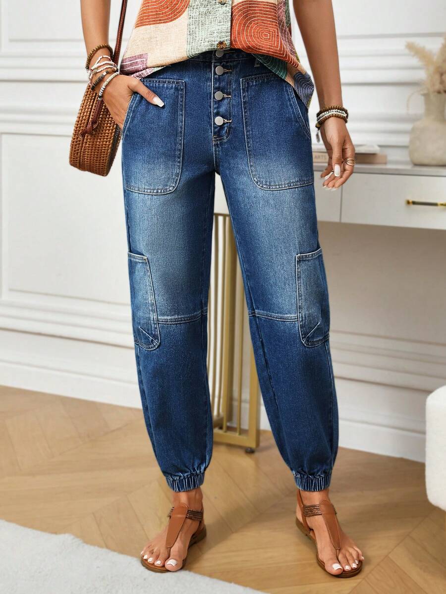 EMERY ROSE Women's Button Front Pocket Casual Denim Jogger Pants Women Jeans Baggy Loose Jeans Elastic Waist Jeans Jeans Women High Waist - Medium Wash - View 1