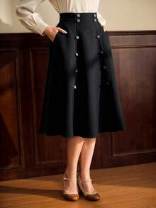 Vintamour Váy chữ A thanh lịch cổ điển dành cho nữ, màu nâu rộng rãi có túi, cài hai hàng khuy, váy xòe dự tiệc công sở thường ngày, trang phục mùa thu cho nữ, trang phục công sở thường ngày cho nữ, trang phục dạ hội mùa đông cho nữ, váy mùa thu cho nữ, trang phục công sở cho nữ, trang phục mùa thu cho nữ, trang phục mùa đông cho nữ, trang phục mùa thu, trang phục sinh nhật cho nữ, trang phục Giáng sinh, trang phục công sở, trang phục Old Money - màu đen - Xem 4