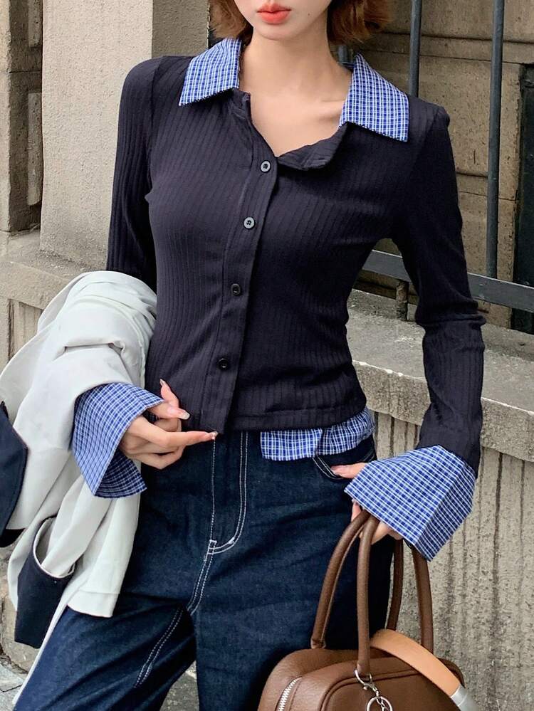 Women's Contrast Color Collar Plaid Patchwork Slim Fit Long Sleeve Casual T-Shirt