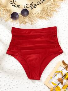 SHEIN Swim 2pcs Women's Solid Color Ruched Bikini Bottom, Summer Beach - Red - View 4