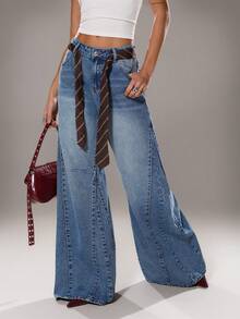 TRNVIE 女士低腰口袋宽松休闲阔腿喇叭牛仔裤 - 淺色水洗藍 - 查看 7