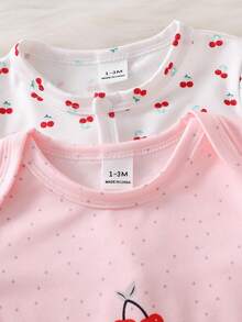 2件套新生儿简约时尚甜美樱桃印花长袖连体睡衣套装