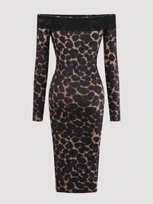 Selianne Fashionable Sexy Off-Shoulder Lace Patchwork Leopard Print Fitted Dress - Multicolor - View 2