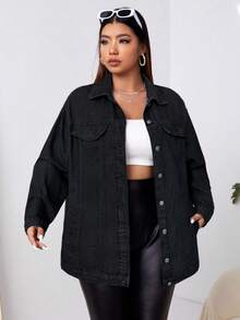 SHEIN ICON Plus Size Women's Drop Shoulder Long Sleeve Single-Breasted Casual Loose Denim Jacket, Fall Women Clothes - Dark Grey - View 1