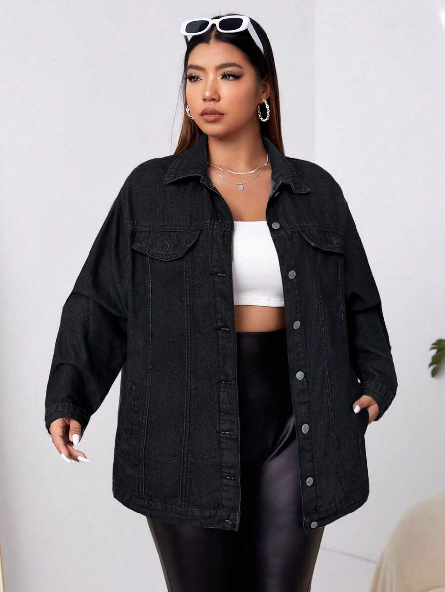 SHEIN ICON Plus Size Women's Drop Shoulder Long Sleeve Single-Breasted Casual Loose Denim Jacket, Fall Women Clothes - Dark Grey - View 1