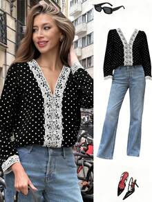 Pariaura 法式复古波点蕾丝衬衫 - 女士优雅V领长袖纽扣上衣，适合秋季穿着；甜美优雅波点蕾丝衬衫 - 女士浪漫V领长袖蕾丝边饰上衣，适合冬季办公室穿着；时尚波点蕾丝衬衫 - 女士精致V领长袖纽扣上衣，适合秋季穿着。 - 黑與白 - 查看 1