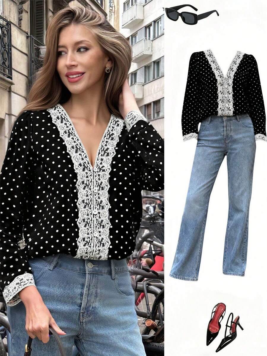 Pariaura 法式复古波点蕾丝衬衫 - 女士优雅V领长袖纽扣上衣，适合秋季穿着；甜美优雅波点蕾丝衬衫 - 女士浪漫V领长袖蕾丝边饰上衣，适合冬季办公室穿着；时尚波点蕾丝衬衫 - 女士精致V领长袖纽扣上衣，适合秋季穿着。 - 黑與白 - 查看 1