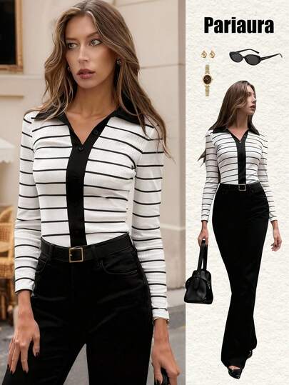 SHEIN PariChic Women's Vintage French Style Contrast Color Striped Collared Slim Fit Decorative Button Long Sleeve Knit Sweater Top, Elegant For Autumn